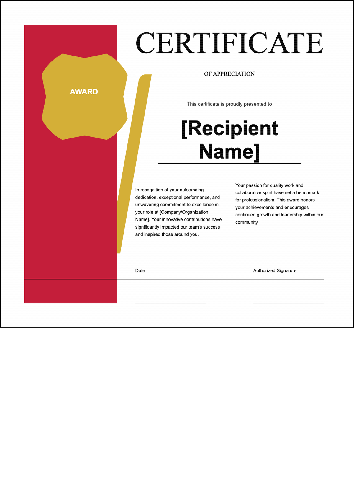 Elegant certificate of appreciation with red gold design and best award seal_variant_1